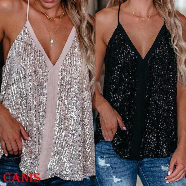 

2021 summer women casual camisole v neck sequins strappy tank vest sleeveless solid blouse tee female clothing, White