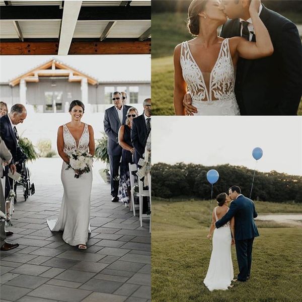 

mermaid wedding dress deep v nec open back lace illusion boho bridal gowns 2021 garden wedding custom made plus suze, White