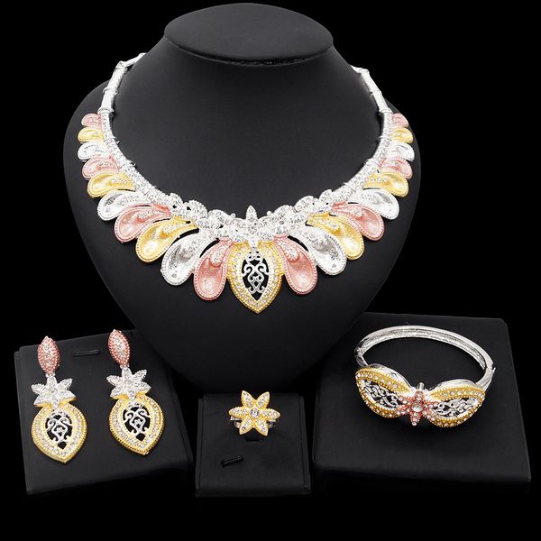 

yulaili dubai gold jewelry sets fashion choker necklace dangle earring charm bracelet ring accessories for women, Black