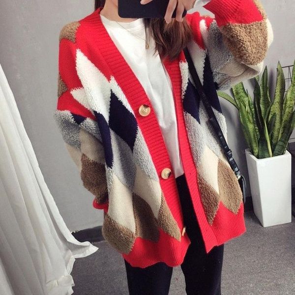 

women's knits & tees autumn spring women sweater loose long sleeve cardigan with buttons deep v-neck female knitted argyle cardigans fo, White