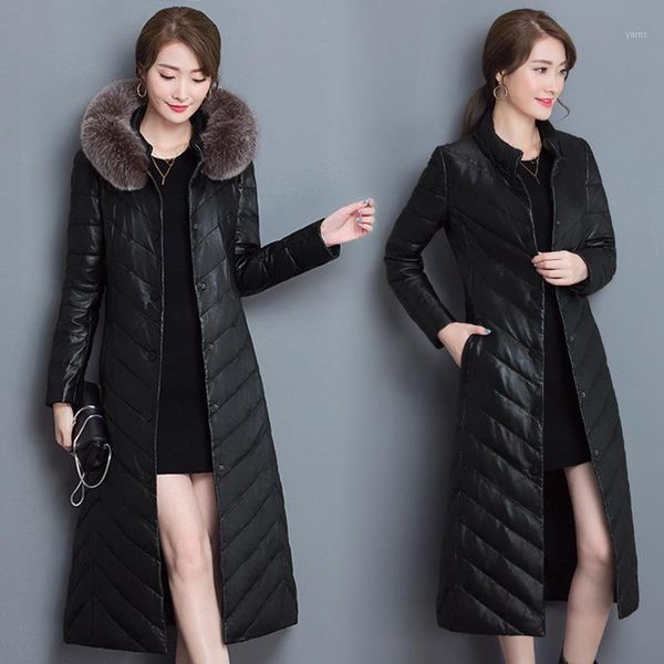 

simulation leather down jacket women mid-length fur tie hat sheep fur coat large size leather windbreaker jacket1, Black