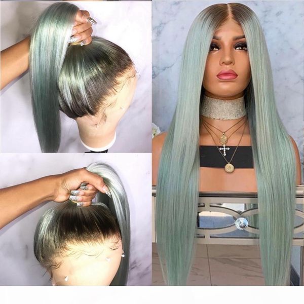 

13x4 lace front wig human hair wigs for black women brazilian remy 150% density ombre green colored two tone lace front wigs, Black;brown