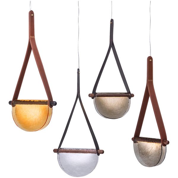 

new arrival led pendant lamp designer simple personality leather glass hanging light for dining room bar nordic creative handbag luminaires