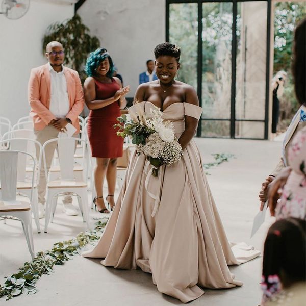 

champagne wedding dresses ball gown off-shoulder vestidos de novia with short sleeves draped skirt bride dress wedding gowns, White