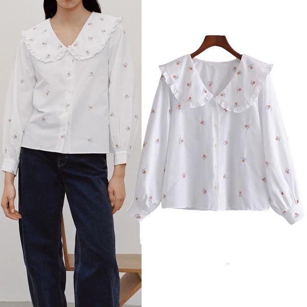 

new 2021 embroidery floral white shirt women spring fashion peter pan collar puff long sleeve woman cottagecore blouse gupd