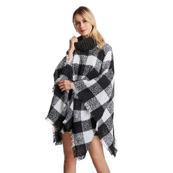 

classic winter women poncho scarf warm thick plaid acrylic high collar tassle cape cloak femme fanon shawl wraps coat, Blue;gray