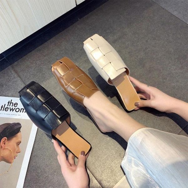 

ladies low heels mules women comfortable slip on shoes summer woman slippers 2020 female fashion beach pu leather footwear 2020 #fg7p, Black