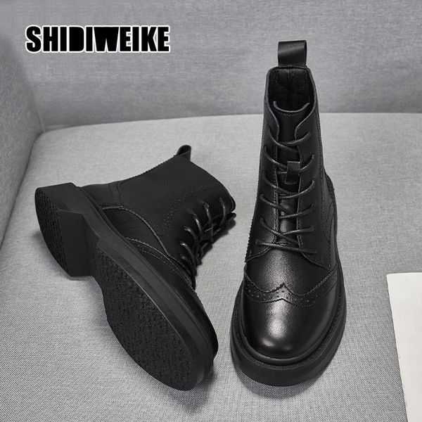 

2020 autumn winter black ankle boots women genuine leather square heel ankle boots female round toe shoes woman v988