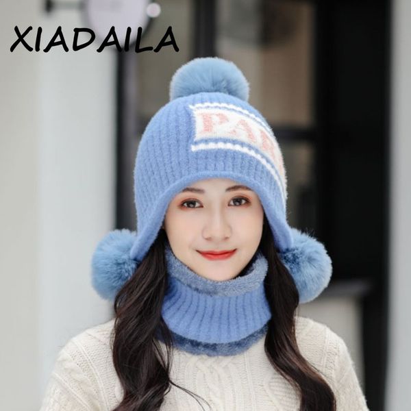 

beanie/skull caps winter hats for women knitted scarf hat cute three pompom ear warm skullies beanies neck warmer knit 2 pieces set, Blue;gray