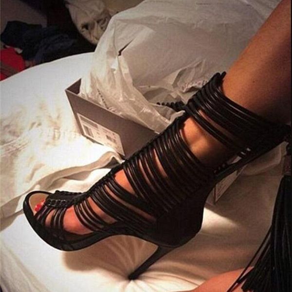 

boots strappy fringe gladiator boot sandals black white peep toe hollow dress shoes stiletto heels tassel cage ankle size 42
