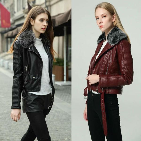 

2020 fashion women winter warm faux leather jackets with fur collar belt lady black pink motorcycle biker outerwear coats