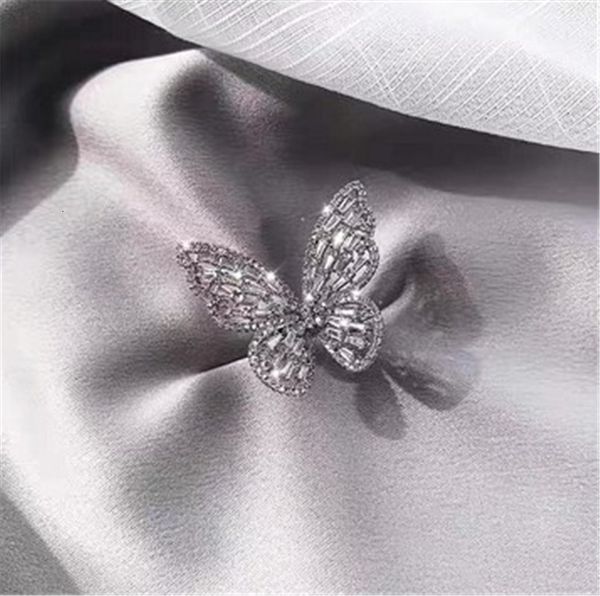 

net red personality hollowed out butterfly ring temperament flash diamond mouth ring japanese and korean fashion adjustable ring, Silver