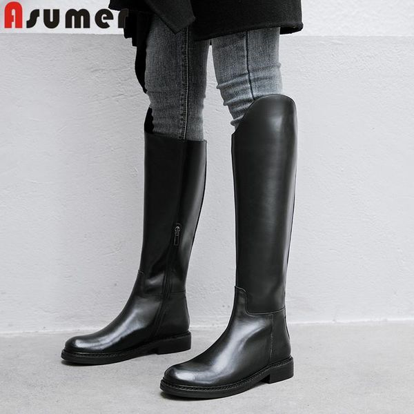 

boots asumer 2021 knee high women round toe genuine leather low heels ladies autumn winter riding1, Black