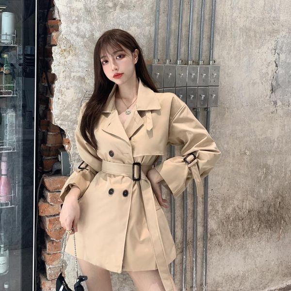 

mid-length windbreaker jacket 2020 new autumn winter fashion black khaki short coat women long sleeve parka outwear coats1, Tan;black