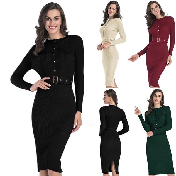

female spring autumn elegant fashion belt empire women dress casual tight solid o neck button long sleeve ladies dresses1, Black;gray