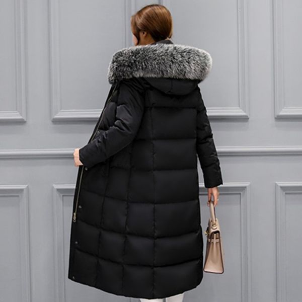 

women's winter long white duck down coat puffer jacket fox fur collar womens coats doudoune femme hiver kj3248, Black