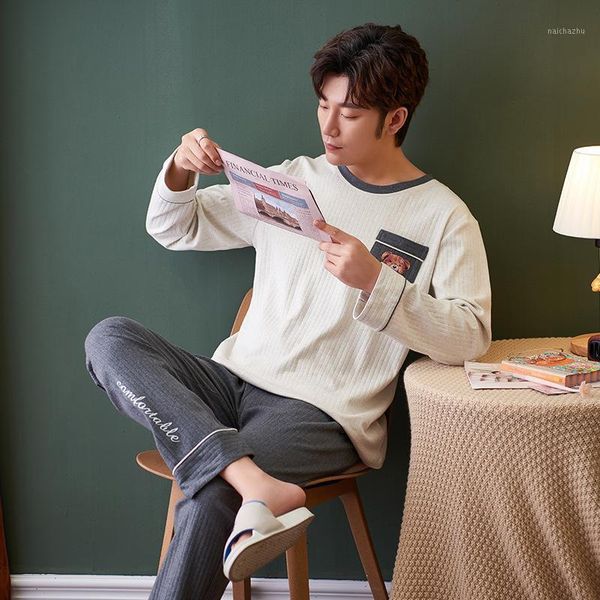 

autumn and winter 100% cotton men's pajamas set plus size simple cartoon pyjama long sleeve casual comfort male sleepwear suit1, Black;brown