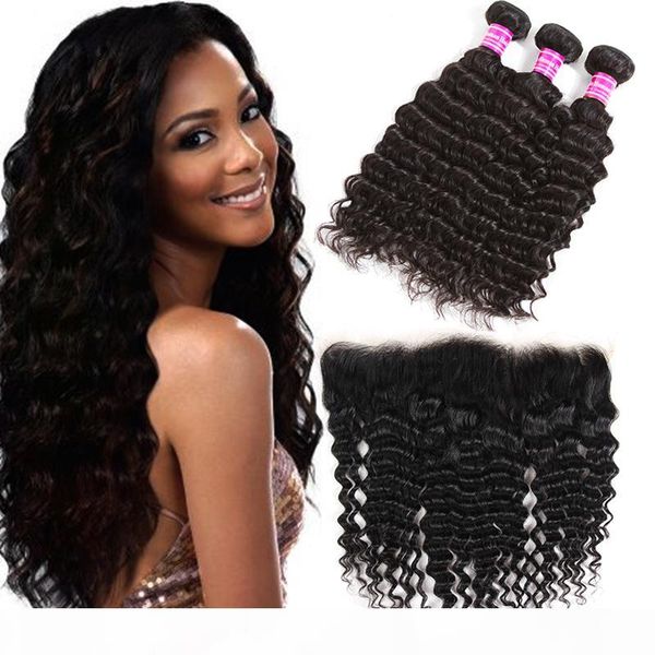 

brazilian deep wave 3 bundles with lace frontal raw indian peruvien virgin human hair weave extensions with lace closure wholesale price, Black;brown