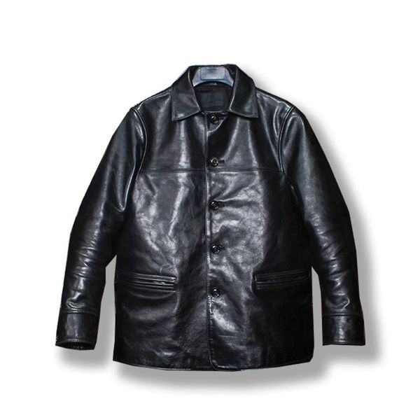 

men's leather & faux 2021 .luxury vegetable tanned batik horsehide jacket,classic japan brakeman style,mens genuine coat,, Black