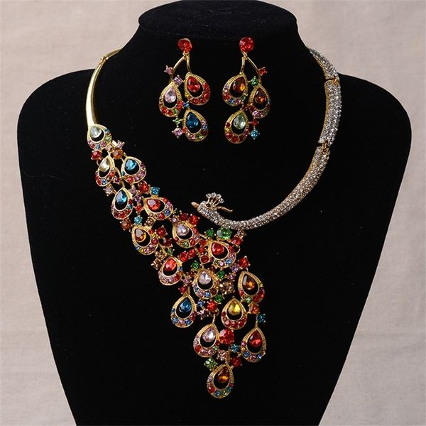 

luxury gold rhinestone peacock bridal jewelry sets silver plated crystal statement necklace earrings sets wedding jewelry set 201222, Slivery;crystal