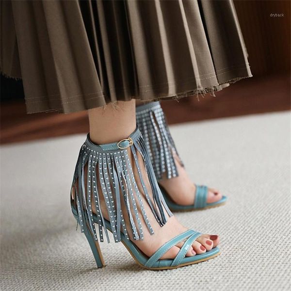 

sandals pxelena 2021 summer rivet tassel women stiletto high heels party date dress office lady shoes plus size 34-451, Black