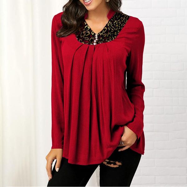 

feitong fashion plus size 5xl women v-neck lace solid button long sleeves streetwear elegant blouse shirt1, White