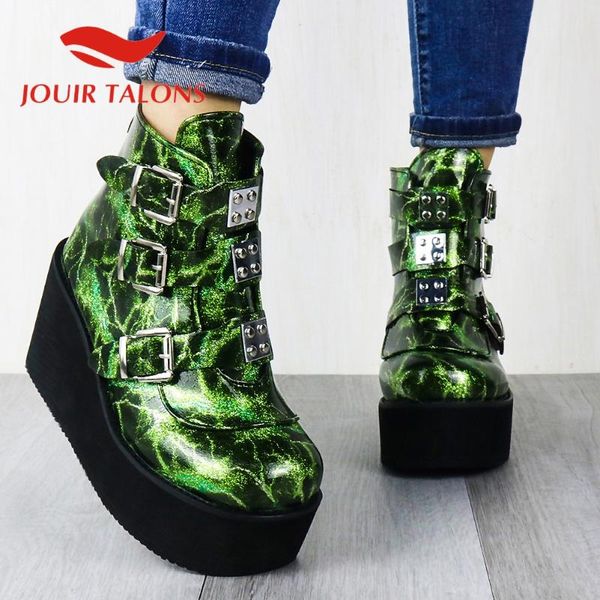 

jouir talons shoes big size 43 mixed color buckle belt metal decoration ankle platform autumn boots, Black