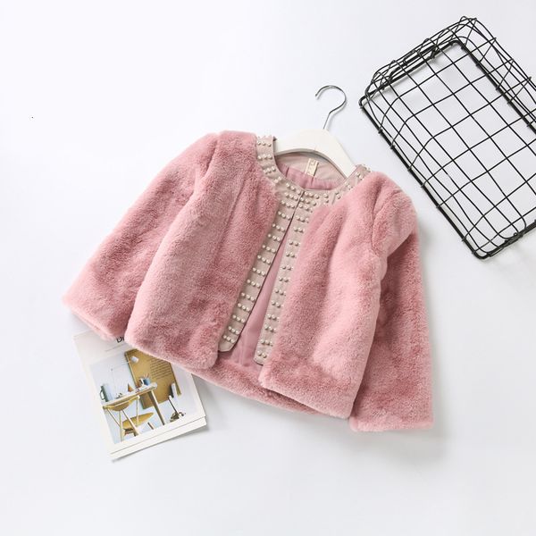 

2021 new baby clothes warm bunny faux fur pearls girls outerwear & coats children toddler winter pink white 2-6y jbmm, Blue;gray