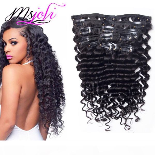 

brazilian virgin human hair clip in extension deep wave full head natural color beauty hair 7pcs set 12-28 inches by msjoli, Black;brown