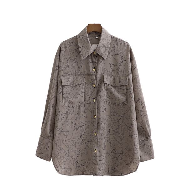 

2021 new women grey floral print shirts 2021 fashion ladies down collar streetwear female pocket blouses 0dbr, White