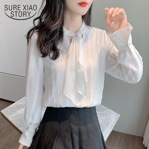 

chiffon blouse women white long sleeve 2021 autumn elegant woman shirt korean fashion clothing solid office lady bow 10898
