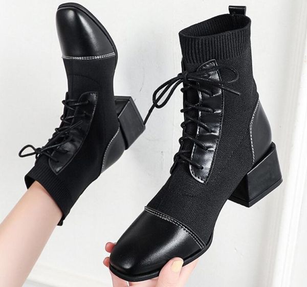 

2020 european and american plus-size chunky knit stitching lace-up martins elastic cross-border nude boots fashion, Black