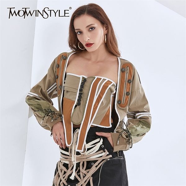 

twotwinstyle irregular coat for women square collar lantern long sleeve hit color designer jackets female fashion clothes 201210, Black;brown