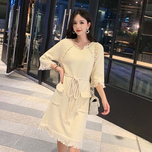 

casual dresses autumn women elegant knitted dress 2021 fashion tassels belt bow ladies vintage avant-garde, Black;gray