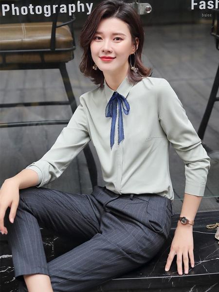 

2020 new women work wear white green full sleeve blouse shirt with blue bow tie for office lady s-4xl1