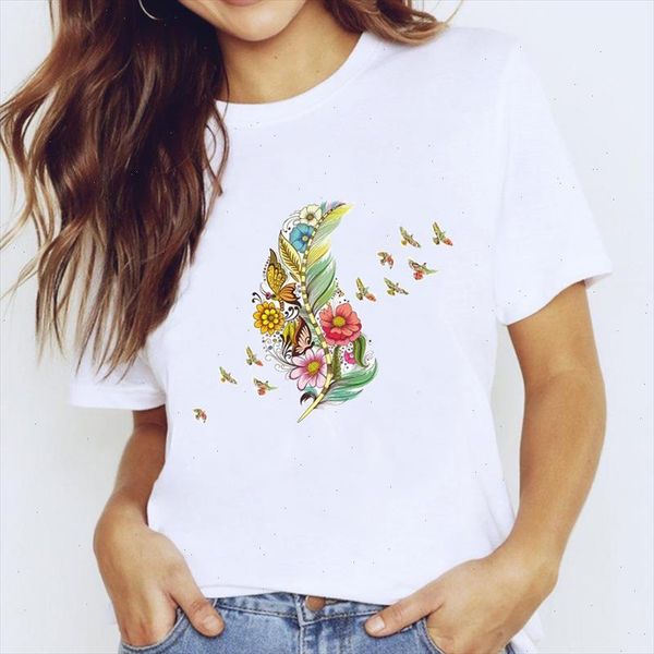

t shirts for women feather floral fashion 90s cute printing clothing print lady graphic t shirt ladies female tee shirt, White