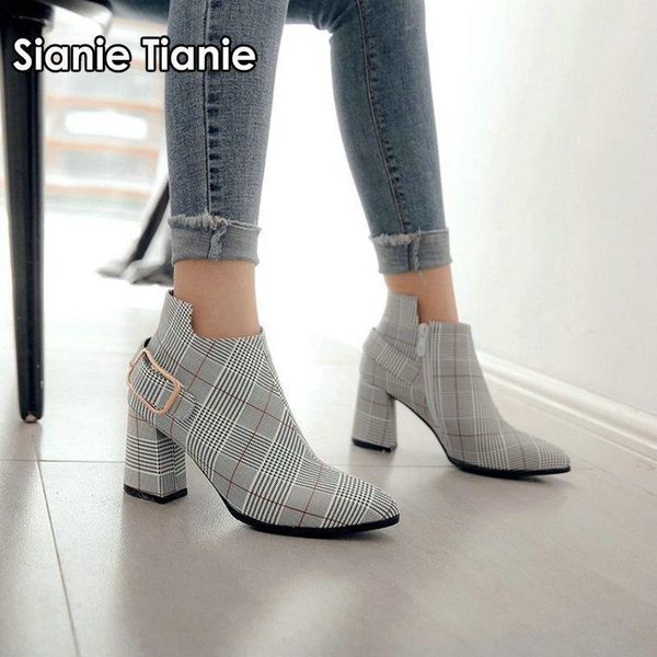 

sianie tianie 2021 winter new woman boots plaid checker geometric ankle boots for women high heeled big size 45 461, Black