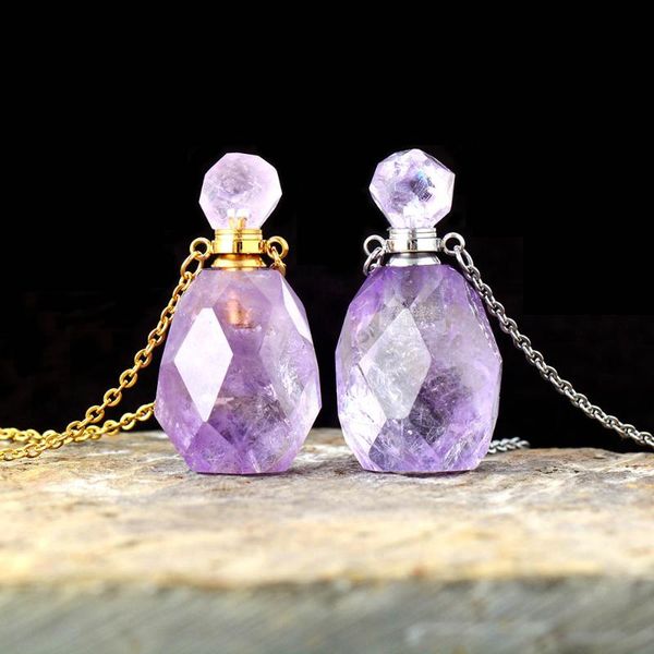 

natural gems stone essential oil diffuser perfume bottle amethysts pendant necklace february birthstone jewelry, Silver