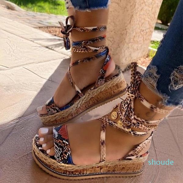 

new wedges heels shoelaces snake printed summer ins shoes women sandals, Black