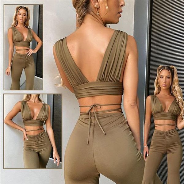

autumn women set deep v-neck pleated sleeveless bandage bra + high waist draped bodycon flare pants outfit for party, Gray