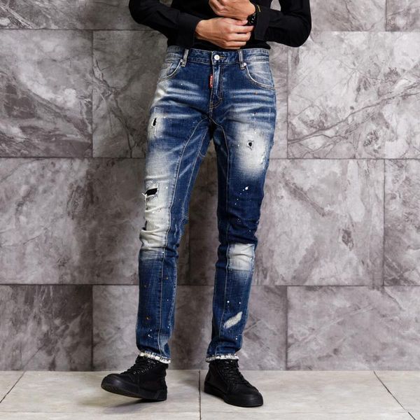 

fashion streetwear men jeans slim fit elastic ripped jeans men retro blue jeyzy denim pants hip hop homme1