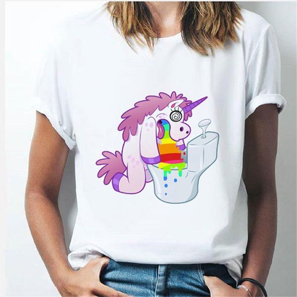 

rainbow unicorn tshirt girls short sleeve casual korean style female women t shirts oversized short sleeve tee shirt, White