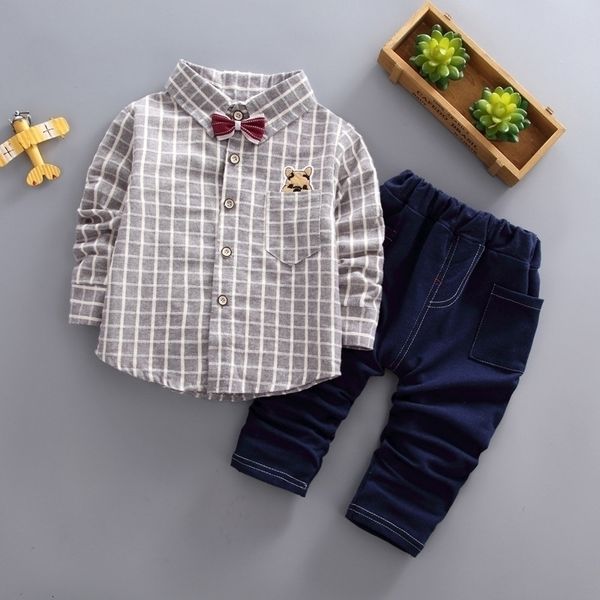 

new spring children boys girls cartoon lapel bow shirt pants 2pcs/sets infant clothes suit fashion baby casual tracksuits y200325, White