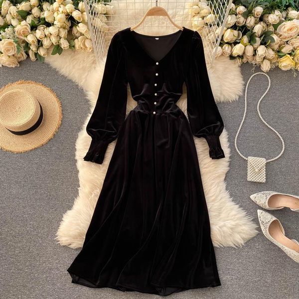 

casual dresses vintage v neck button-down velvet dress women autumn winter long sleeve solid color a-line high waist vestidos de mujer p665, Black;gray