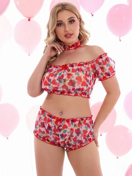 

plus heart print lettuce trim lingerie set with collar z50q#, Black;white