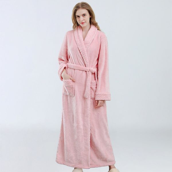 

2021 new plus size women autumn winter flannel sleepwear warm thicken bathrobe female solid v neck with sashes fluffy ladies nightwear 08ms, Black;red