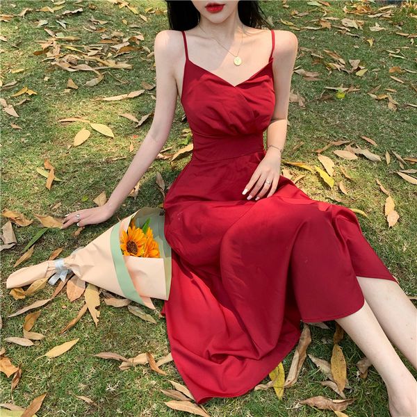 

2020 summer new v-neck satin waist belt medium length red skirt dress women
