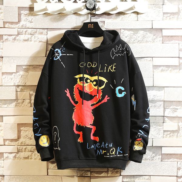 

2021 new japan style casual o-neck spring autumn print hoodie sweatshirt men's thick fleece hip hop high streetwear clothes 5g7v, Black