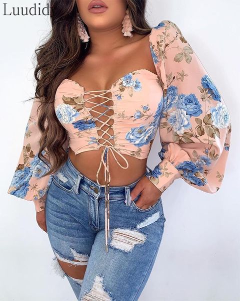 

lace-up floral drawstring long sleeves blouse shirt, White