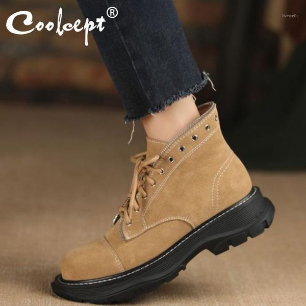 

boots coolcept women real leather warm plush fur winter shoes woman ankle snow fashion lace up boot size 34-421, Black